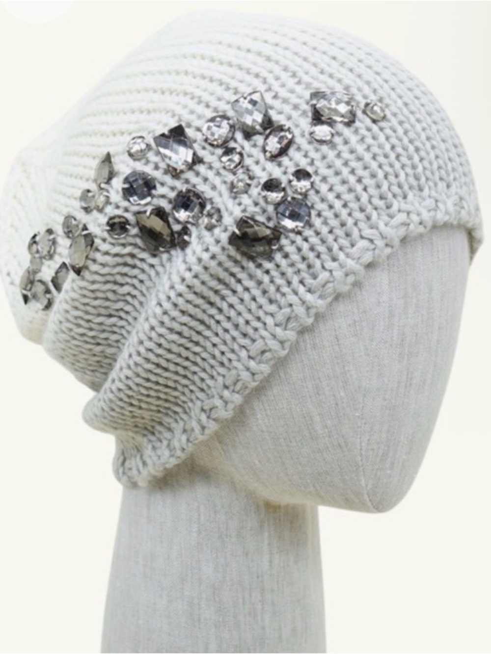 Embellished Knit Slouchy Beanie - off White
